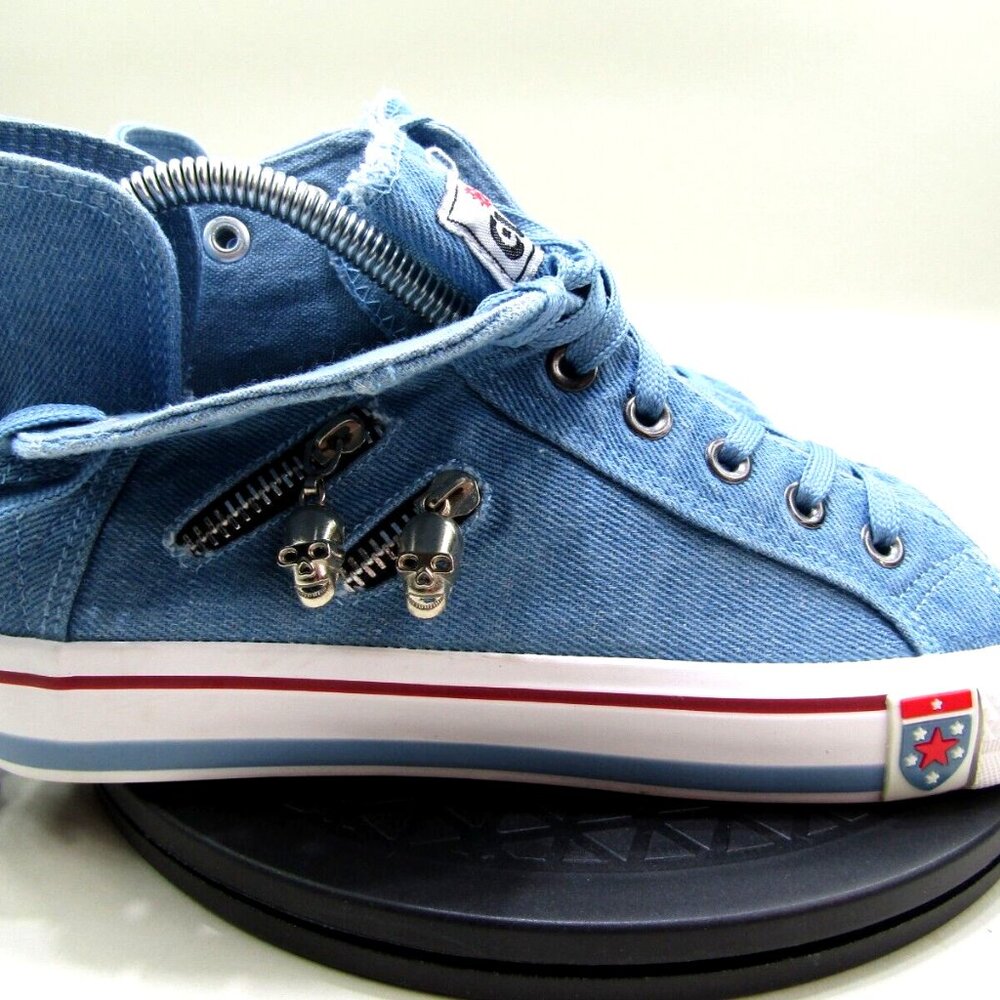 Guoan Star Sneakers Womens EU 42 Fashion Shoes Mid-Top Skull Zips Lace Up Denim